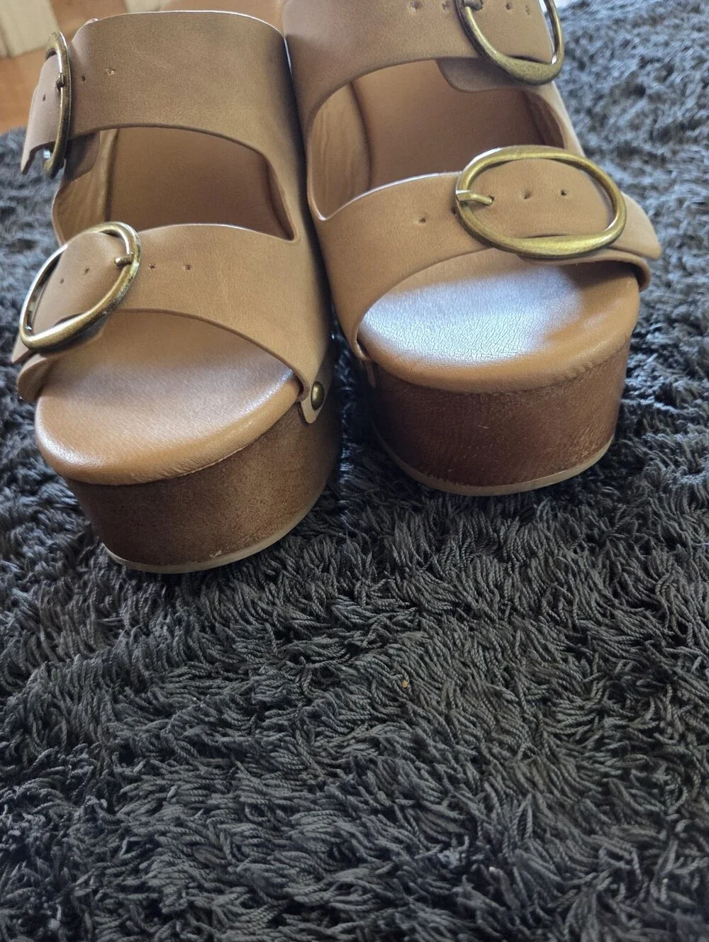 Seychelles Tan Double Buckle Stud Platform Wedge Sandals Size 8 Boho Western